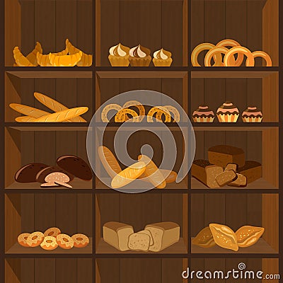 Shopping stands with bakery products. Supermarket shelves with wheat, rye and whole grain bread. Pretzel and bagel Vector Illustration
