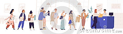 Shopping in store flat vector illustration. Sale, discount, special offer concept. Seller and people standing in queue Vector Illustration