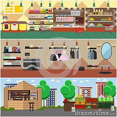 Shopping in a store and local market concept vector banners. Grocery shop, fashion boutique, street bazaar interior. Vector Illustration