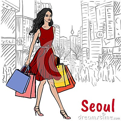 Shopping street at Myeongdong Vector Illustration