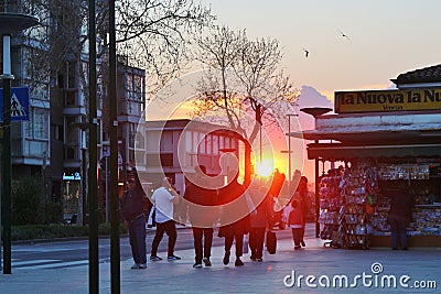 Shopping street at sunset in Lido di Venezia, Italy. Editorial Stock Photo