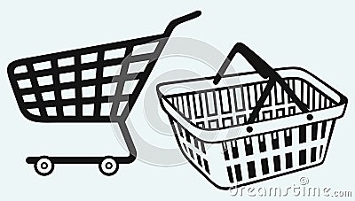 Shopping supermarket cart and plastic basket Vector Illustration