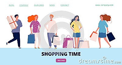 Shopping time landing. Happy customers with shopping bags and gift boxes. Flat vector male female characters Vector Illustration