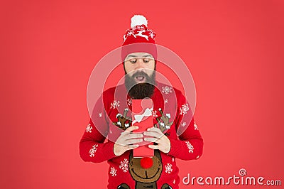 Shopping time. Respect traditions. Hipster in winter sweater. Merry christmas. Gift from santa. Happy new year Stock Photo