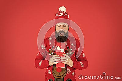 Shopping time. Respect traditions. Hipster in winter sweater. Merry christmas. Gift from santa. Happy new year Stock Photo