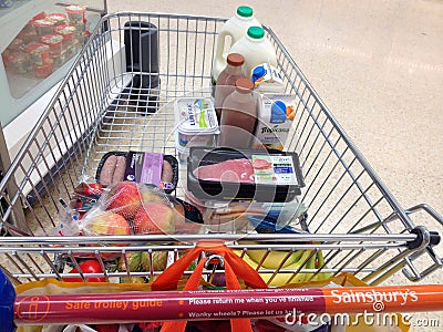 Shopping trolley or cart with food. Editorial Stock Photo