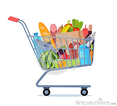 Shopping trolley full of food, fruit, products, grocery goods. Grocery shopping cart. Buying food in supermarket. Vector Vector Illustration