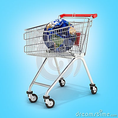 Shopping trolley globe concept supermarket shopping cart with globe on blue background 3d Stock Photo