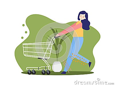 shopping trolley store market purchasing grocery supermarket commercial and costumer girl pushing empty cart Vector Illustration