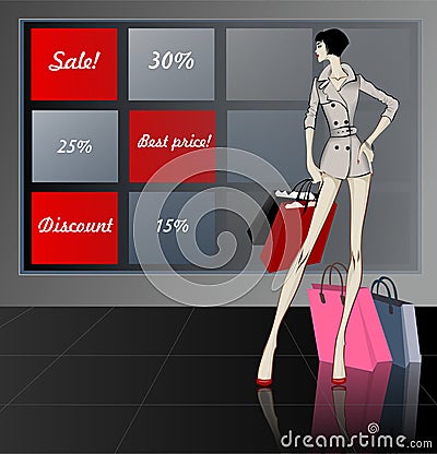 Shopping woman near the showcase sale concept Vector Illustration