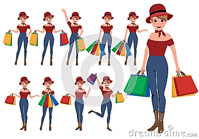 Shopping woman vector characters set. Girl store customer cartoon character Vector Illustration