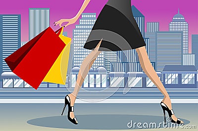 Shopping Woman Walking City Downtown Vector Illustration