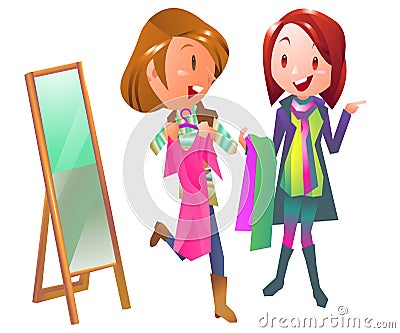 Shopping women in clothing store Cartoon Illustration