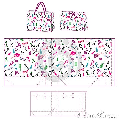 Shoppinh bag with accessories for girls Vector Illustration