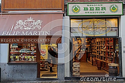 Shops with chocolate and beer traditional in Belgium Editorial Stock Photo