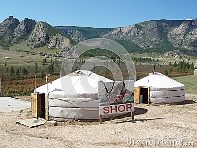 The shops in the desolate Terelj valley of Tuv region, Mongolia. Editorial Stock Photo