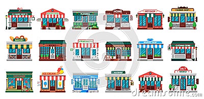 Shops facades. Laundry building, hardware store facade and pharmacy shop flat vector set Vector Illustration
