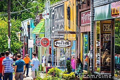 Shops and pedestrians in Little Five Points, in Atlanta, Georgia Editorial Stock Photo