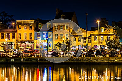 Shops and restaurants at night in Fells Point, Baltimore, Maryland. Editorial Stock Photo