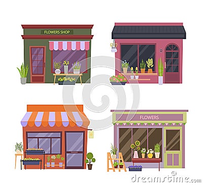 Shops on street. retail boutique for flowers bakery products urban coffee and little stores outdoor exteriors. Vector Vector Illustration