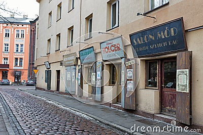 Shops and workshops facade in Kazimierz Jewish district. Krakow, Poland. Editorial Stock Photo