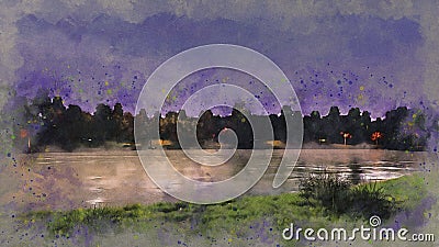 Shore of lake or pond at night watercolor sketch Cartoon Illustration