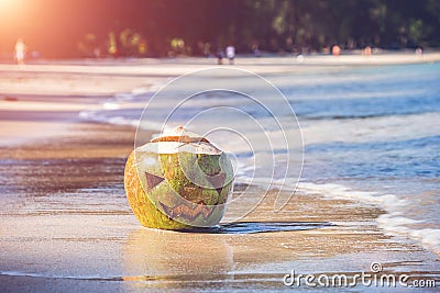The shore of a tropical island. On the shore lies a coconut with a terrible Halloween face carved on it. Sunny day Stock Photo