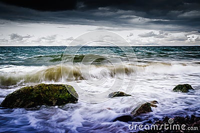 Shoreline With Wild Sea And Storm Wind Stock Photo