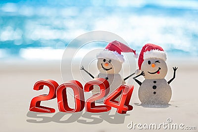 Shoreside Snowman: Seaside Celebration of 2024 Stock Photo