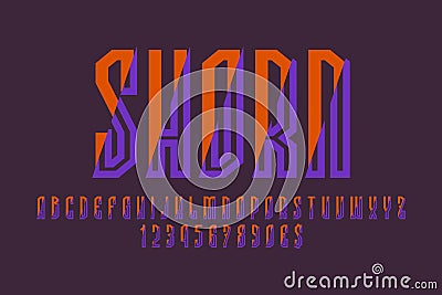 Shorn artistic display font. Complex orange purple letters, numbers and currency signs. Isolated vector english alphabet Vector Illustration