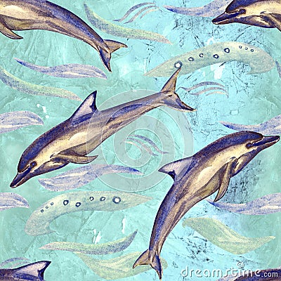 Short-beaked common dolphin, hand painted watercolor illustration, seamless pattern on blue, green ocean surface with waves Cartoon Illustration