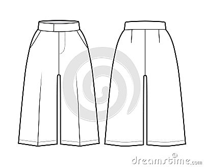 Short Bermuda dress pants technical fashion illustration with knee length, single pleat, normal waist, slashed pocket Vector Illustration