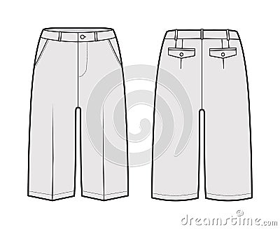Short Bermuda pants technical fashion illustration with knee length, low waist, rise, slashed pocket. Flat walking Vector Illustration