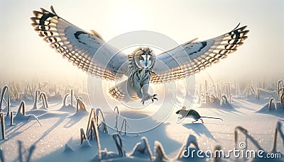 A Short-eared owl flying low after a snowfall about to catch a mouse AI Generated Stock Photo