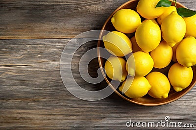 Short food supply chains SFSCs.From garden to plate concept.A bowl of fresh lemons on the wood table.Flat lay,Copy space Stock Photo