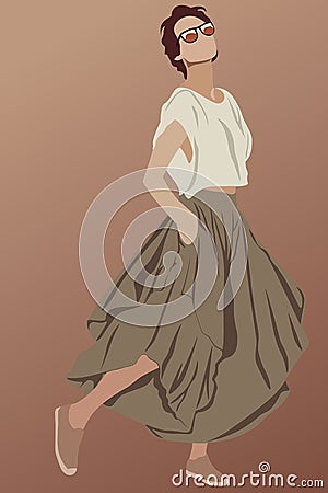 Short haired glamorous brunette dressed in brown long skirt, shoes, sunglasses and white t-shirt. Showing her style Vector Illustration