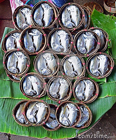 Short mackerel prepared as Pla Thu on Bamboo Basket in Samut Songkhram Thailand Stock Photo