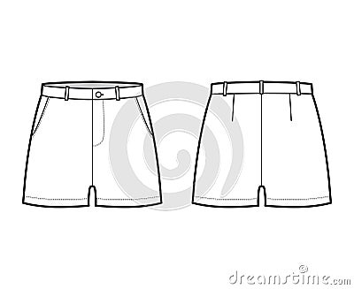 Short pants technical fashion illustration with mid-thigh length, low waist, rise, slashed pocket. Flat bottom apparel Vector Illustration