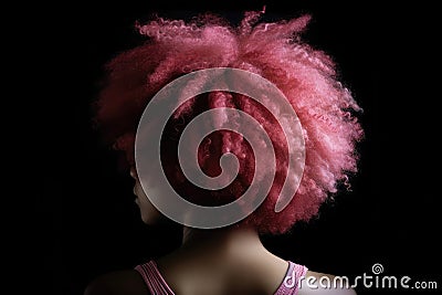 Short Pink Afro Curls , Rear View On Black Background. Generative AI Stock Photo