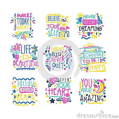 Short possitive messages, inspirational quotes colorful hand drawn vector Illustrations Vector Illustration