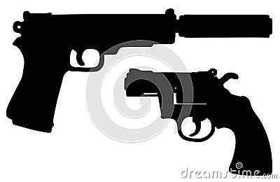 Short revolver and handgun with the silencer Vector Illustration