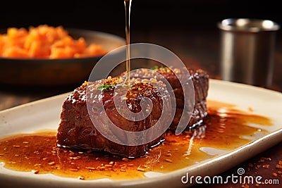 short ribs receiving a brushing of hot sauce and smoked paprika glaze Stock Photo