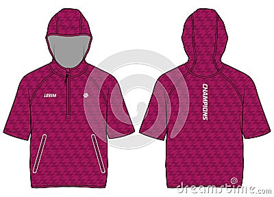 Short sleeve pull over windbreaker Hoodie jacket design flat sketch Illustration, Hooded weather jacket with front and back view, Vector Illustration
