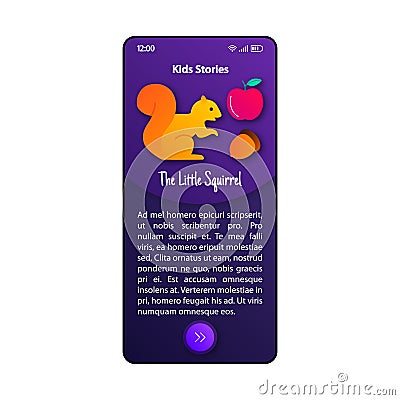 Short stories for kids smartphone interface vector template. Mobile app page violet design layout. Fairytale screen Vector Illustration