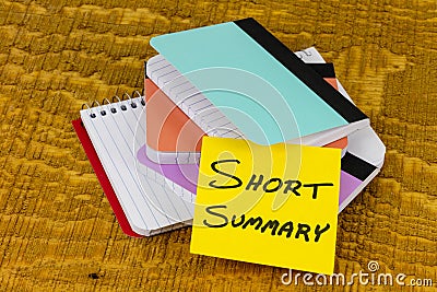 Short summary review brief information business outline concise memo Stock Photo