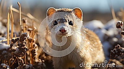a short tailed weasel pops its head out from the snow while hunting food during winter generative ai Stock Photo