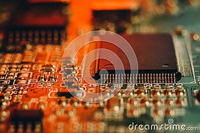 Shortage of chips in car manufacturing. Industrial line for the production of electronic circuit boards with chips. Stock Photo
