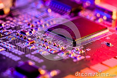 Shortage of chips in car manufacturing. Industrial line for the production of electronic circuit boards with chips. Stock Photo