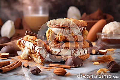 shortbread cookies with cream filling, sprinkled with caramel, confectionery, desserts generative ai Stock Photo