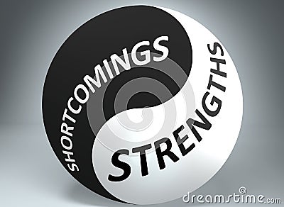 Shortcomings and strengths in balance - pictured as words Shortcomings, strengths and yin yang symbol, to show harmony between Cartoon Illustration